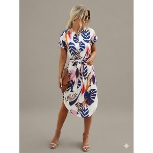 Boutique Women's Tropical Leaf Print Belted Midi Sheath Dress Blue Pink Medium